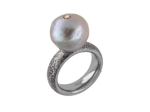 Margrethe  Ring w/ Lab Diamond(1x0.005ct. White TW/Si-2), Freshwater Gray Baroque Pearl 13-16mm, & 18k Yellow Gold Oaked Oxidized Polish