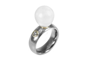 Nina Ring w/ min.(1x.03ct.White) Freshwater Pearl White Rice 11-11.5mm and Gold